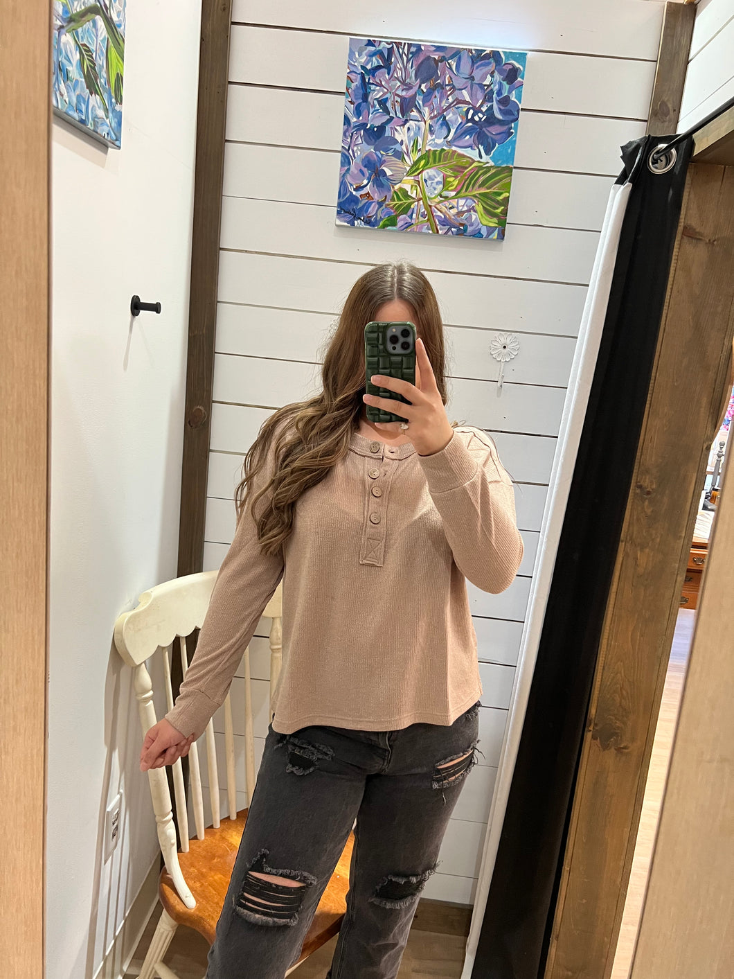 Khaki Ribbed Henley Top
