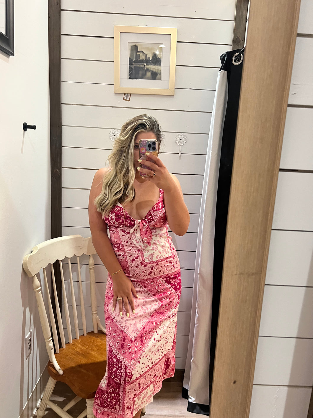 Pink Bandana Print Midi Dress